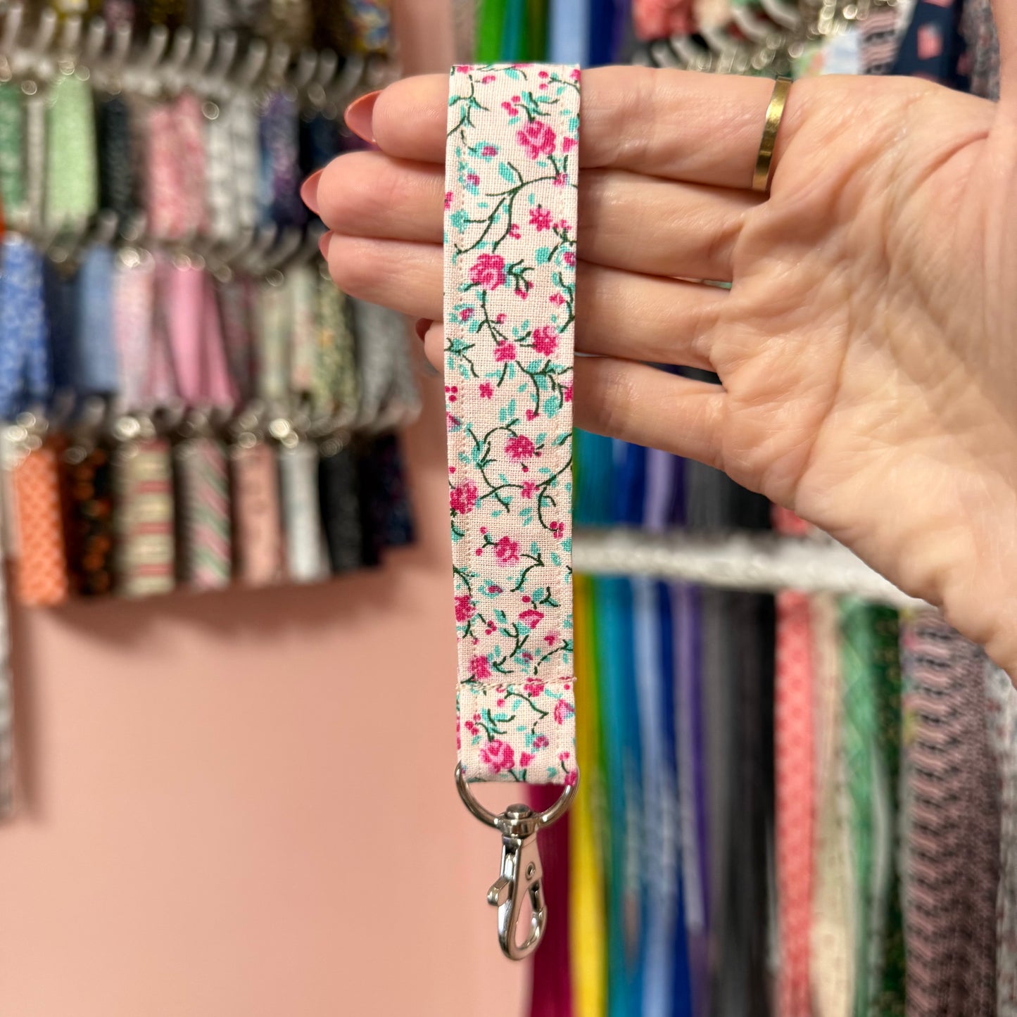 Teal and Pink Cherry Blossom Wristlet