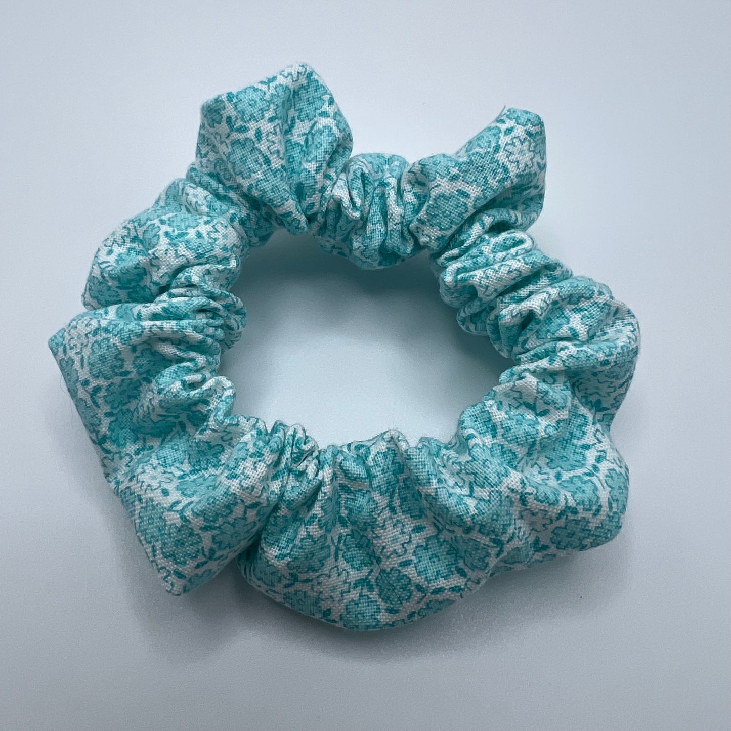 Teal and White Floral Scrunchie
