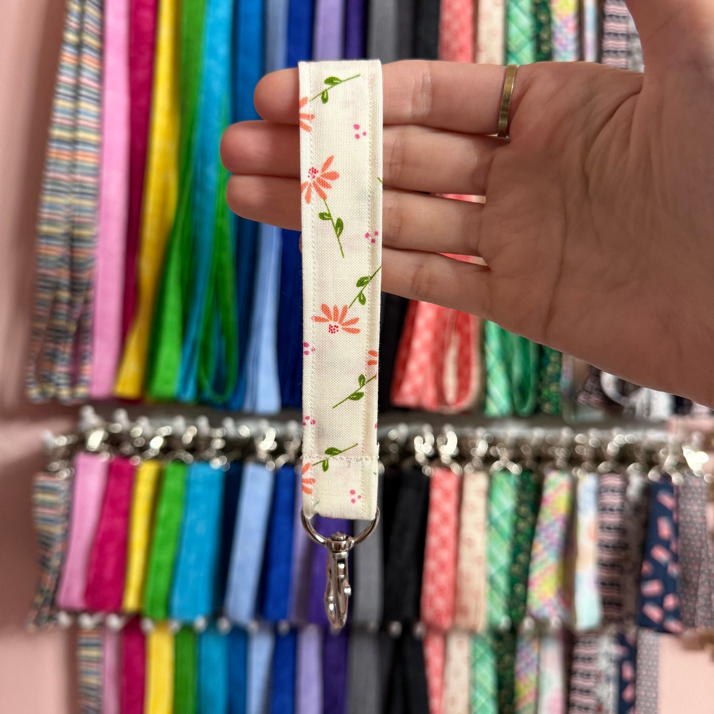 Cream and Peach Floral Wristlet