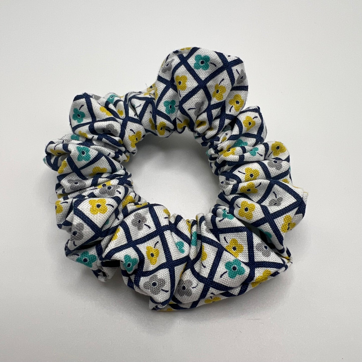 Teal, Blue, and Yellow Plaid Floral Scrunchie