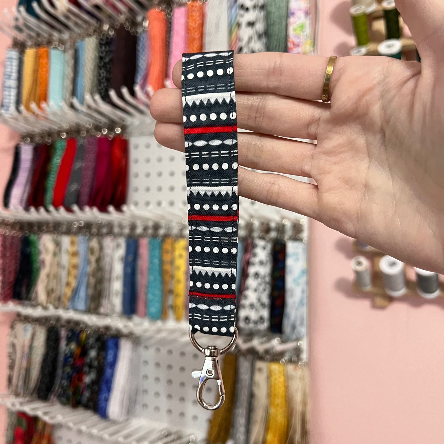 Gray, Red, and White Stripe Wristlet