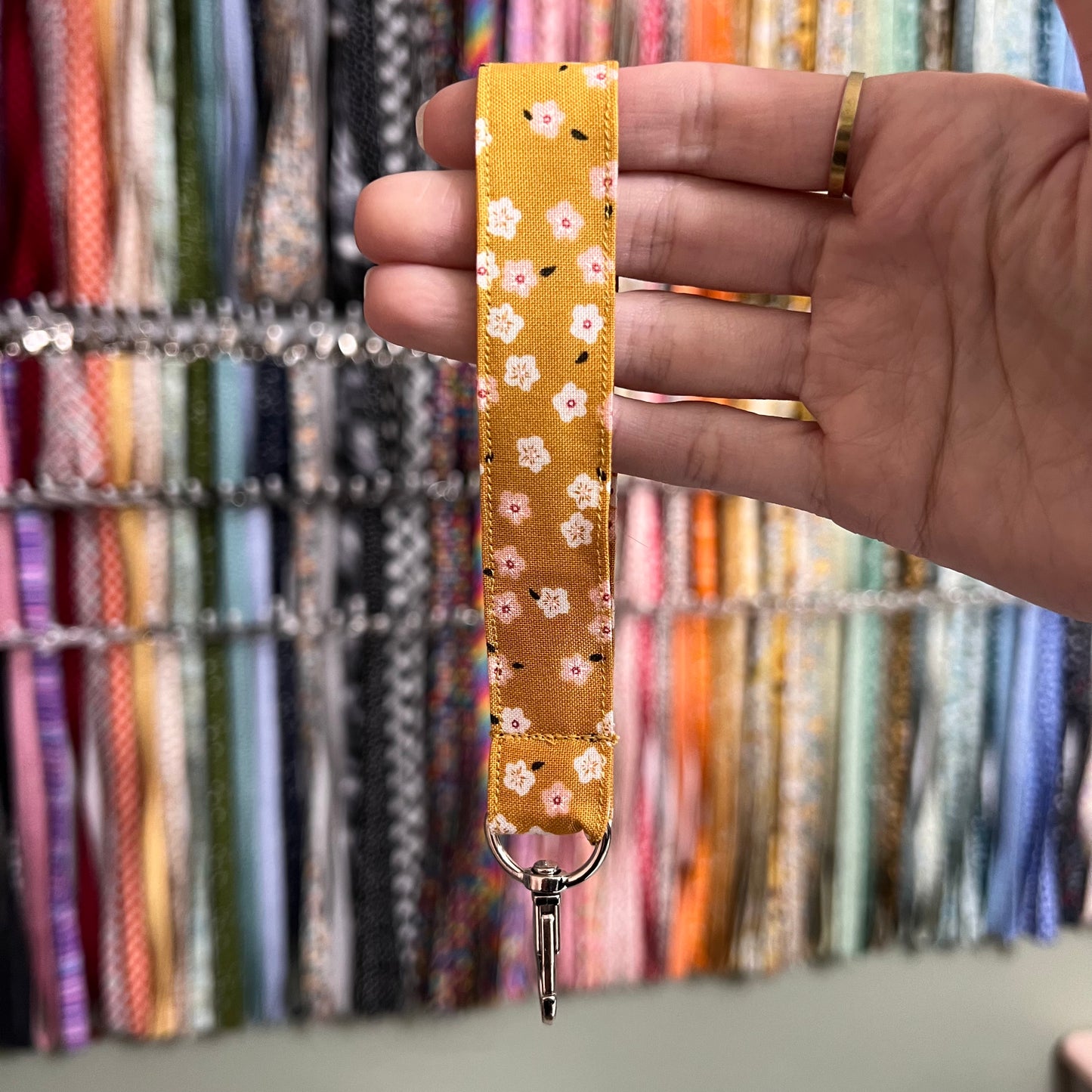 Mustard Cherry Blossom Floral Wristlet