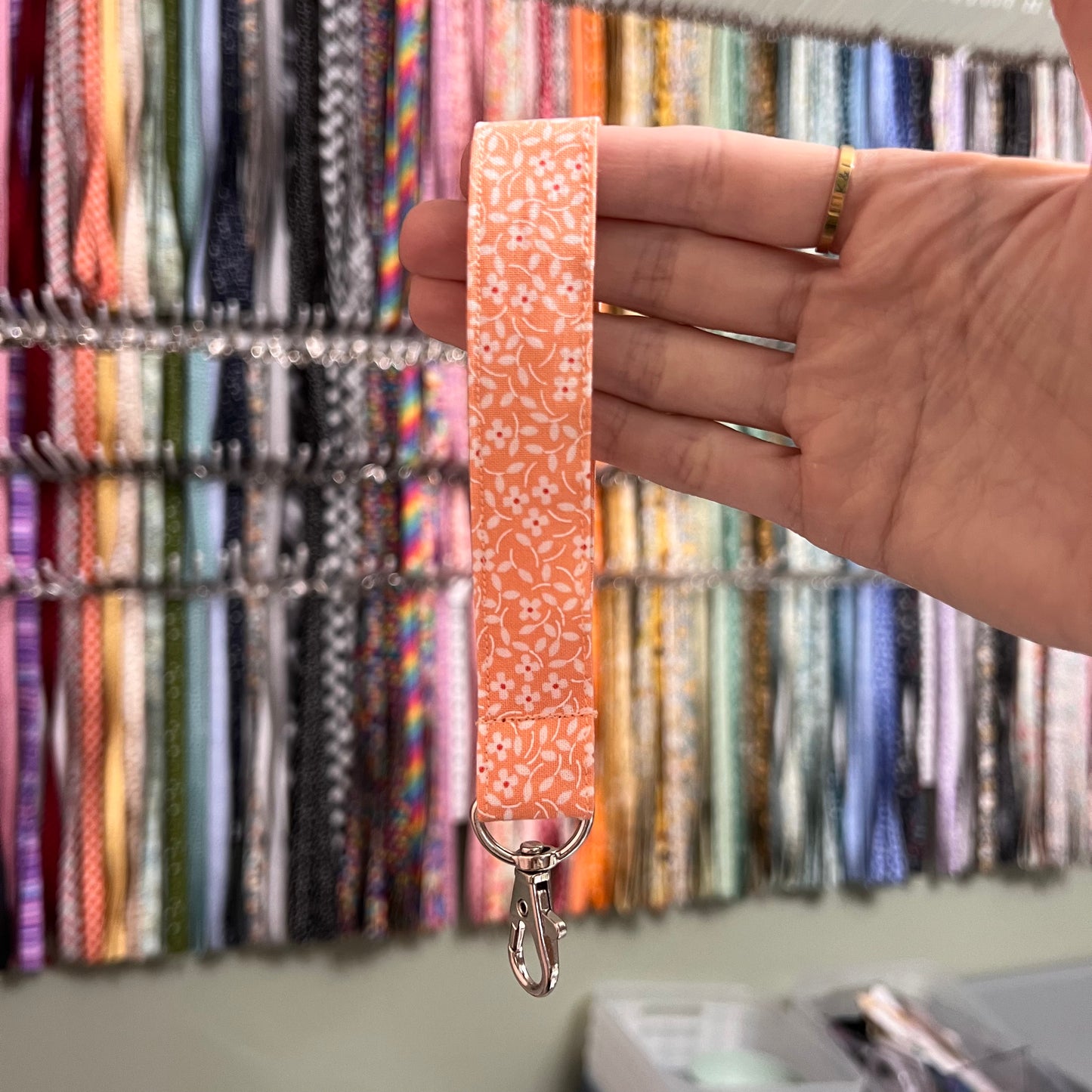Peach and White Floral Wristlet