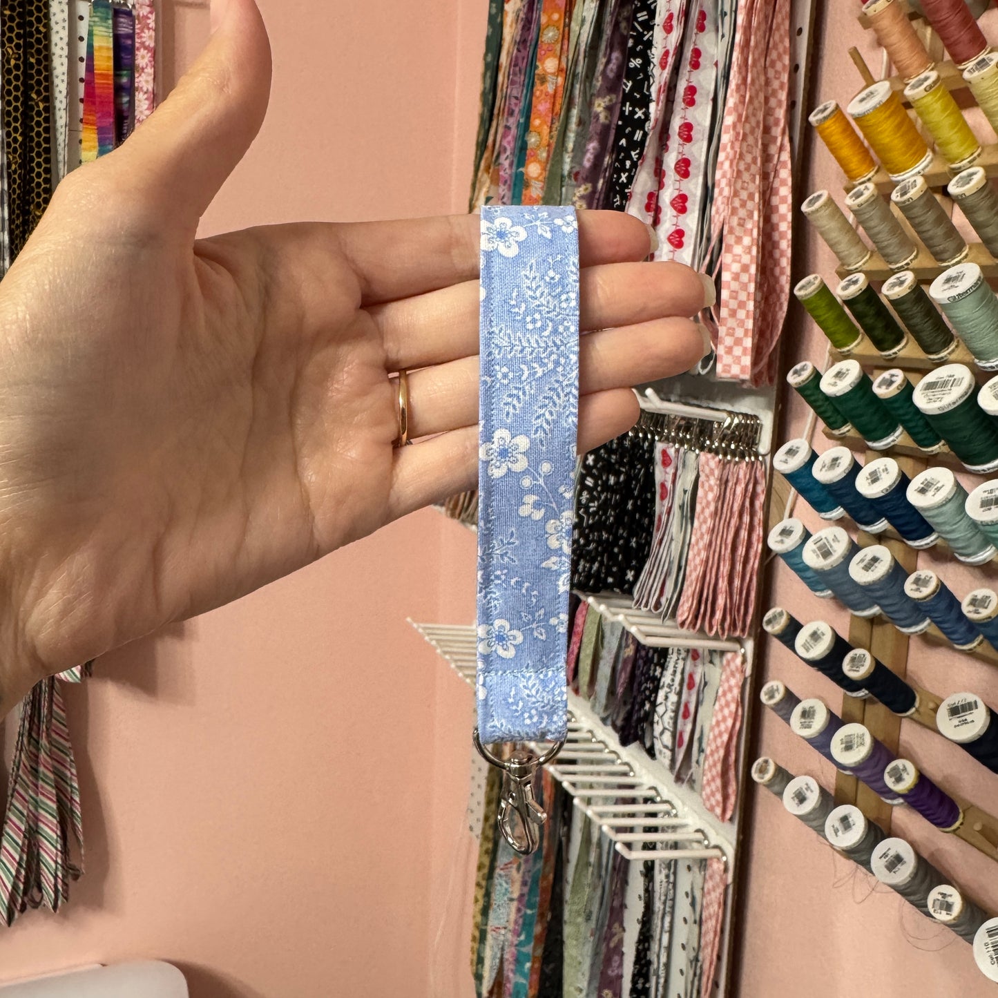 Baby Blue and White Floral Wristlet