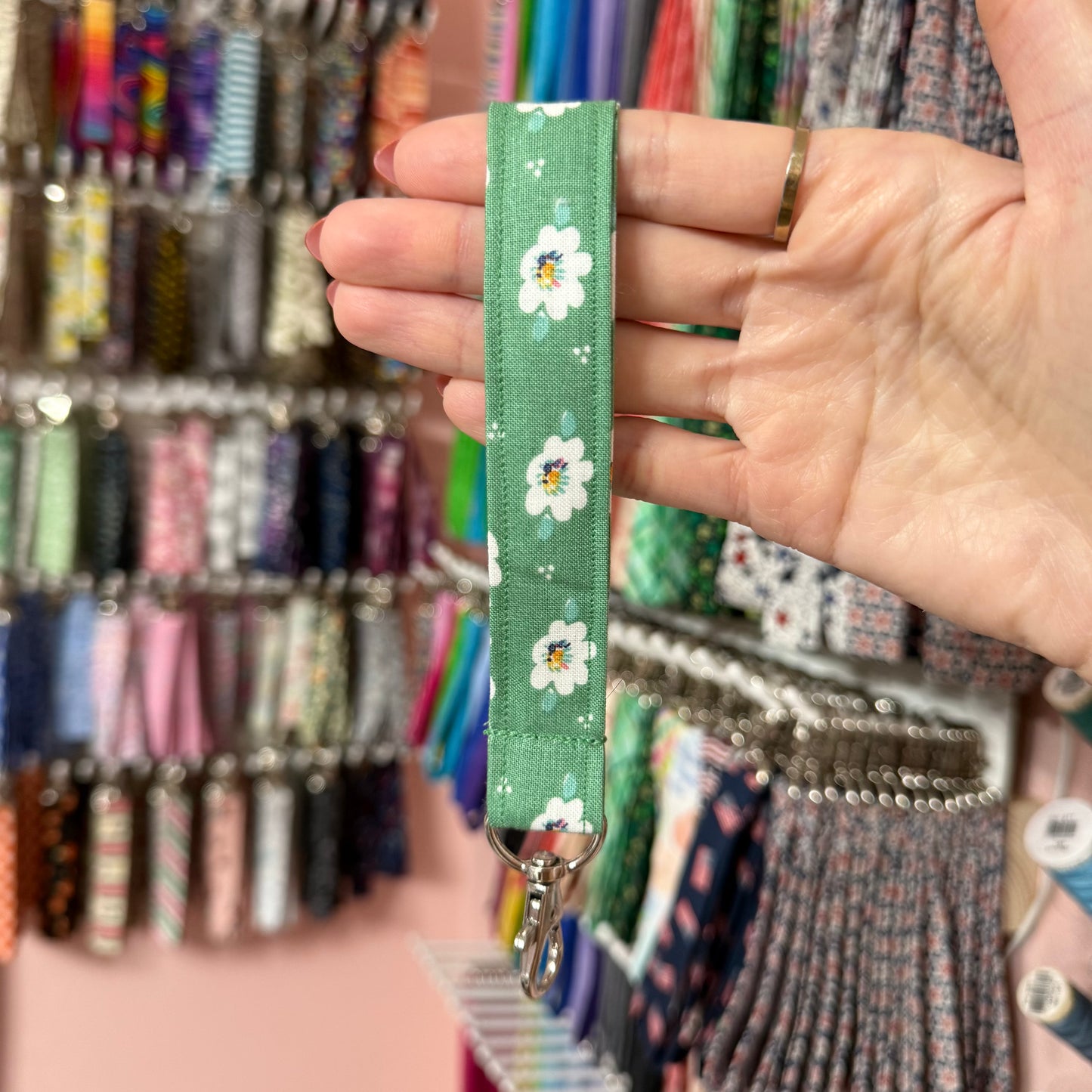 Green and White Floral Wristlet