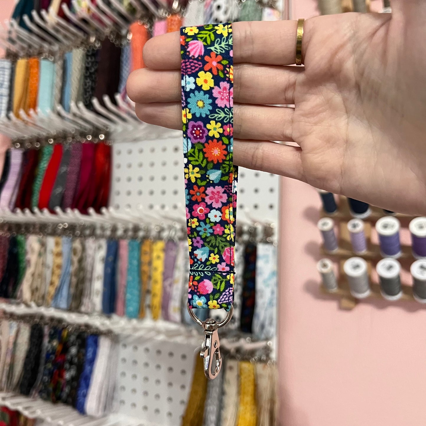 Navy Rainbow Floral Wristlet