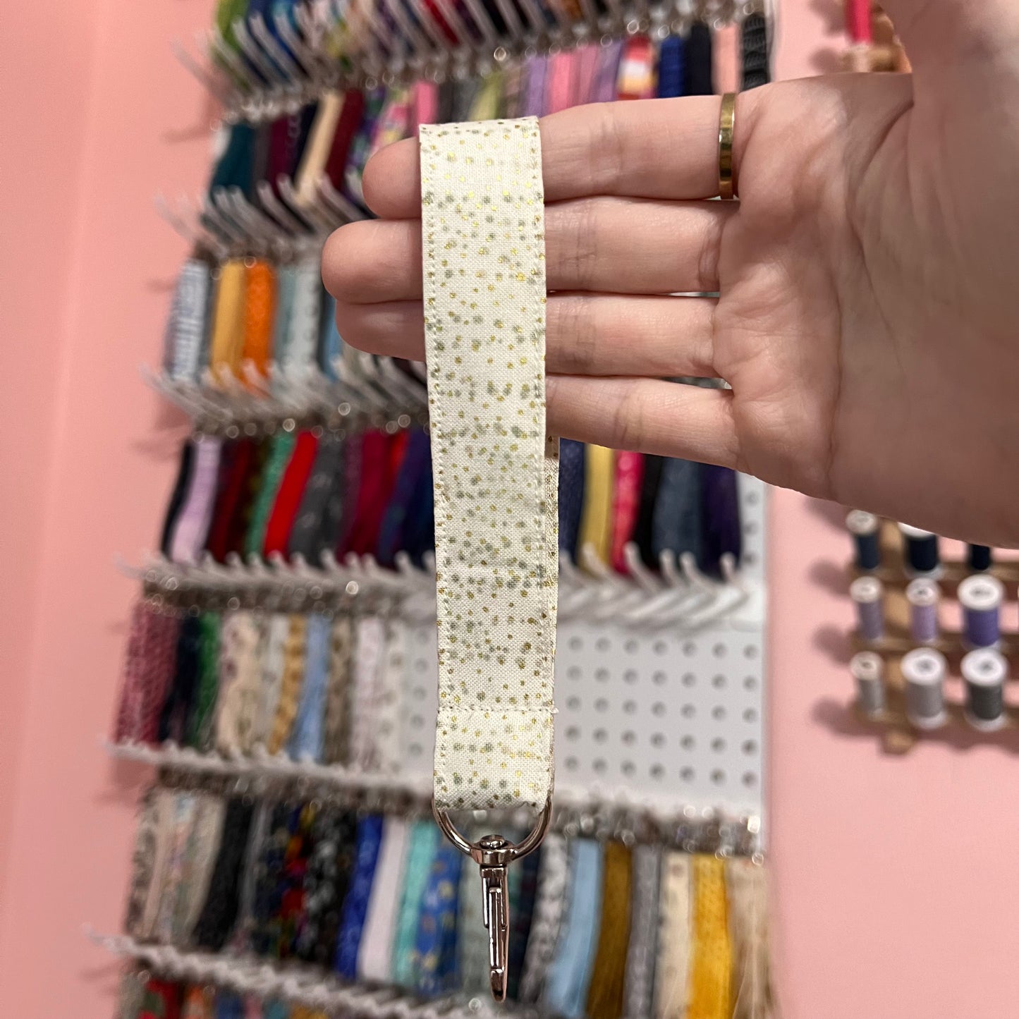 Gold and Gray Cream Dot Wristlet