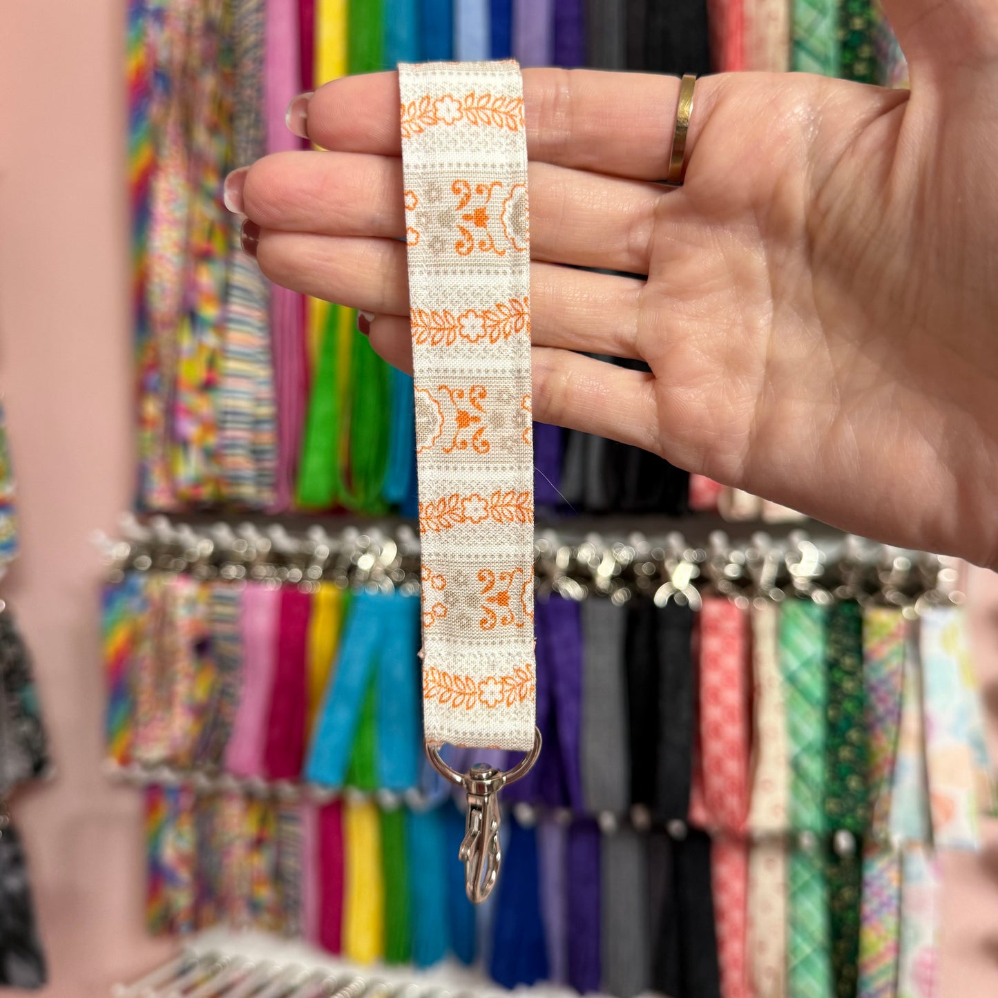 Gray and Orange Floral Stripe Wristlet