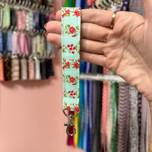 Red and Pink Striped Floral on Mint Wristlet