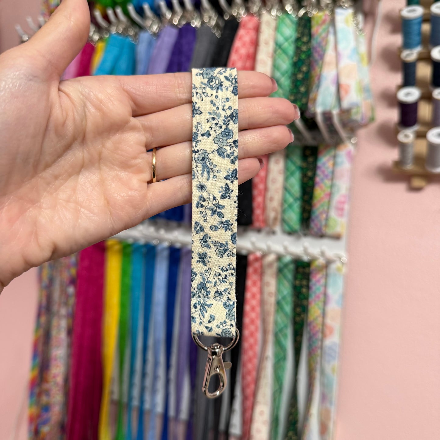 Cream with Blue Floral and Butterflies Wristlet