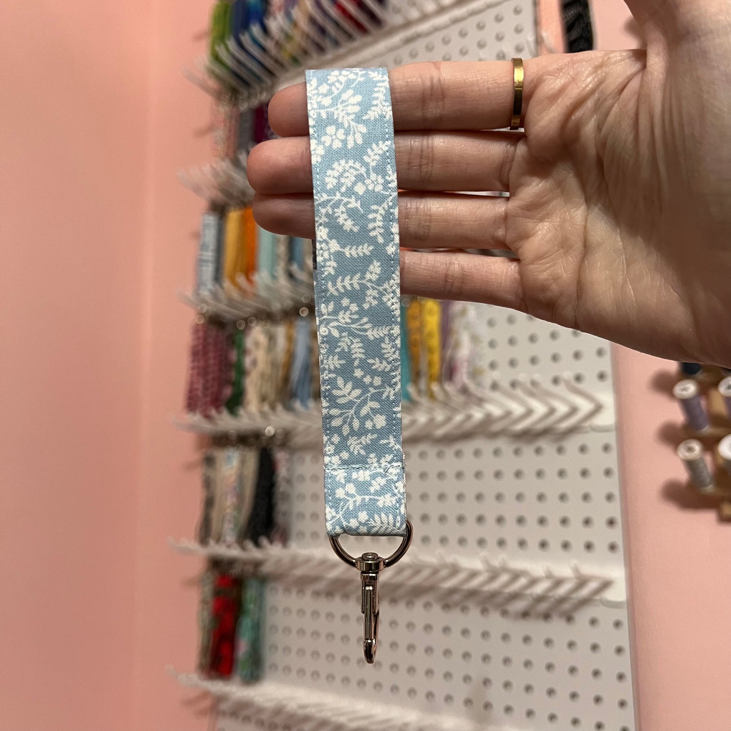 Light Blue and White Floral Wristlet