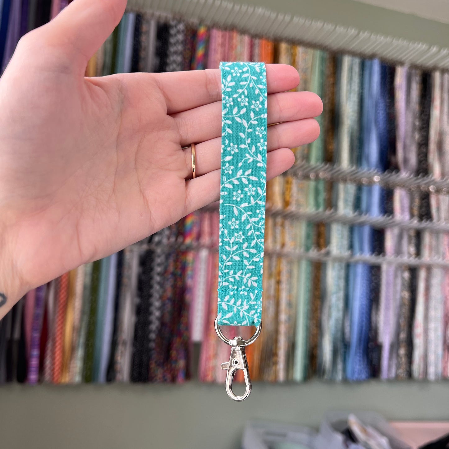 Teal and White Floral Wristlet