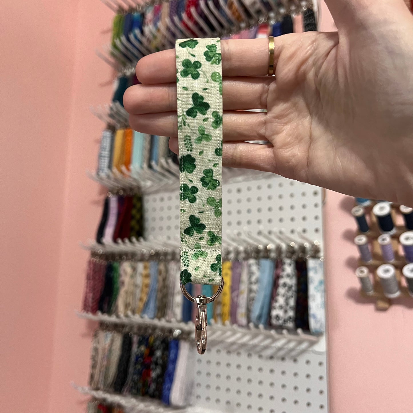 Cream and Green Shamrock Wristlet