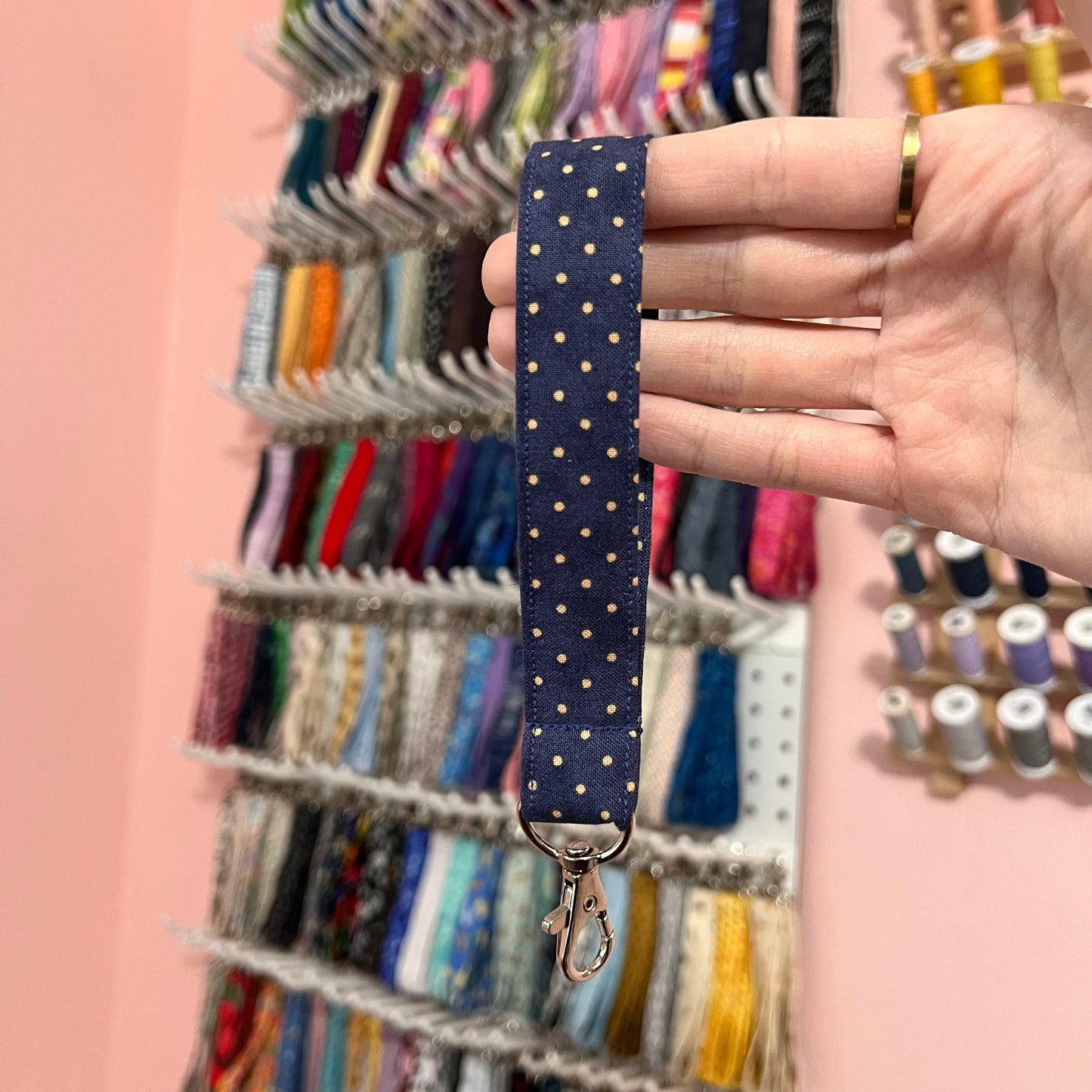 Navy and Gold Swiss Dot Wristlet