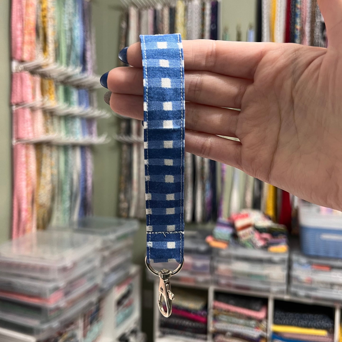 Blue and White Gingham Wristlet