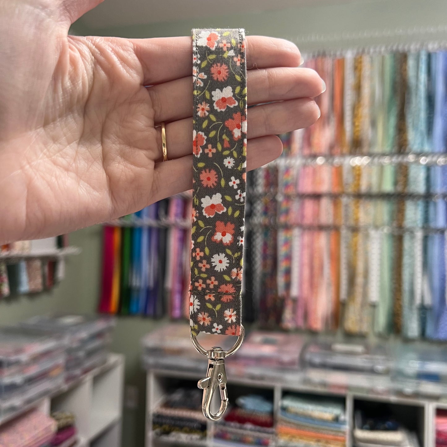 Gray and Peach Floral Wristlet