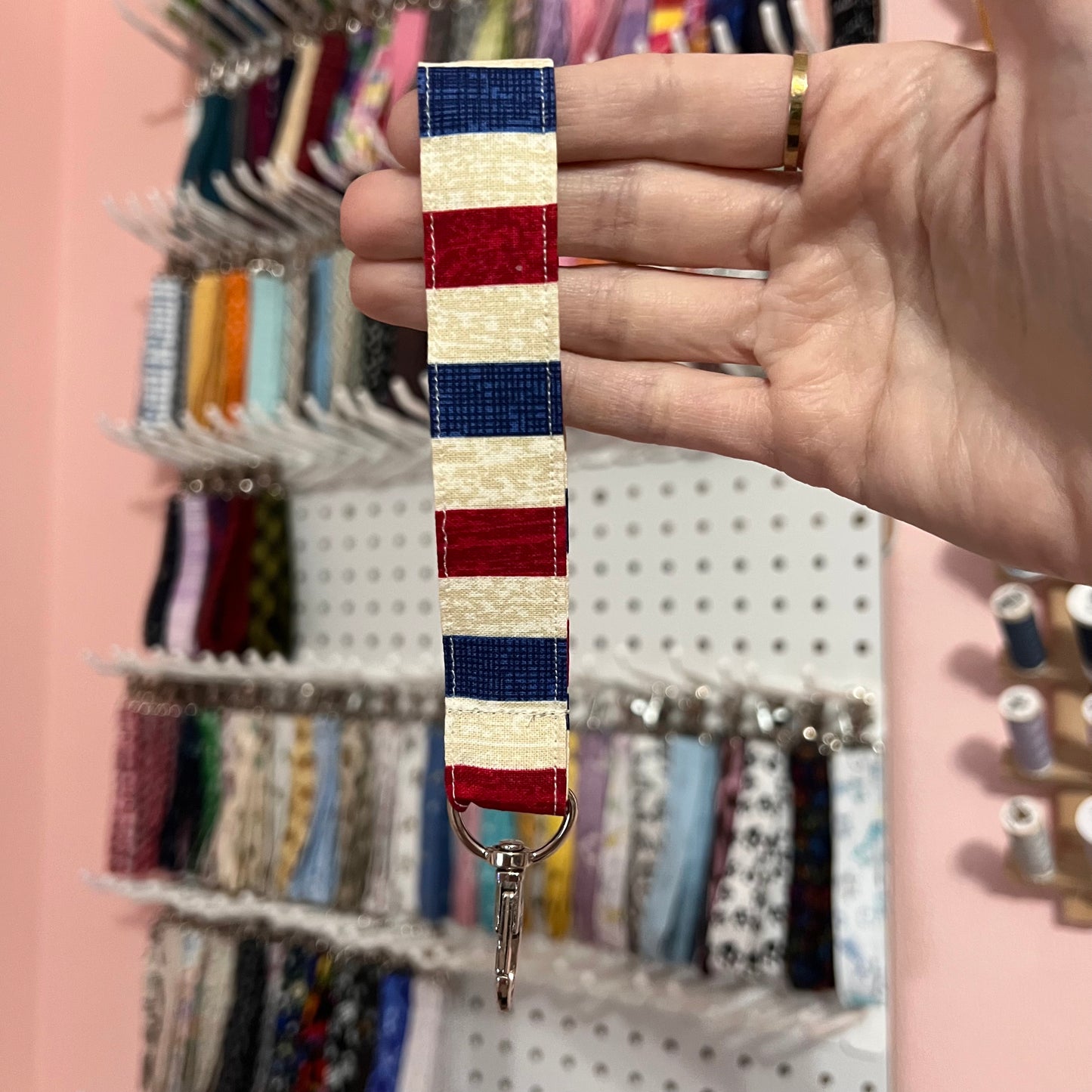 Red, Blue, and Cream Stripe Wristlet