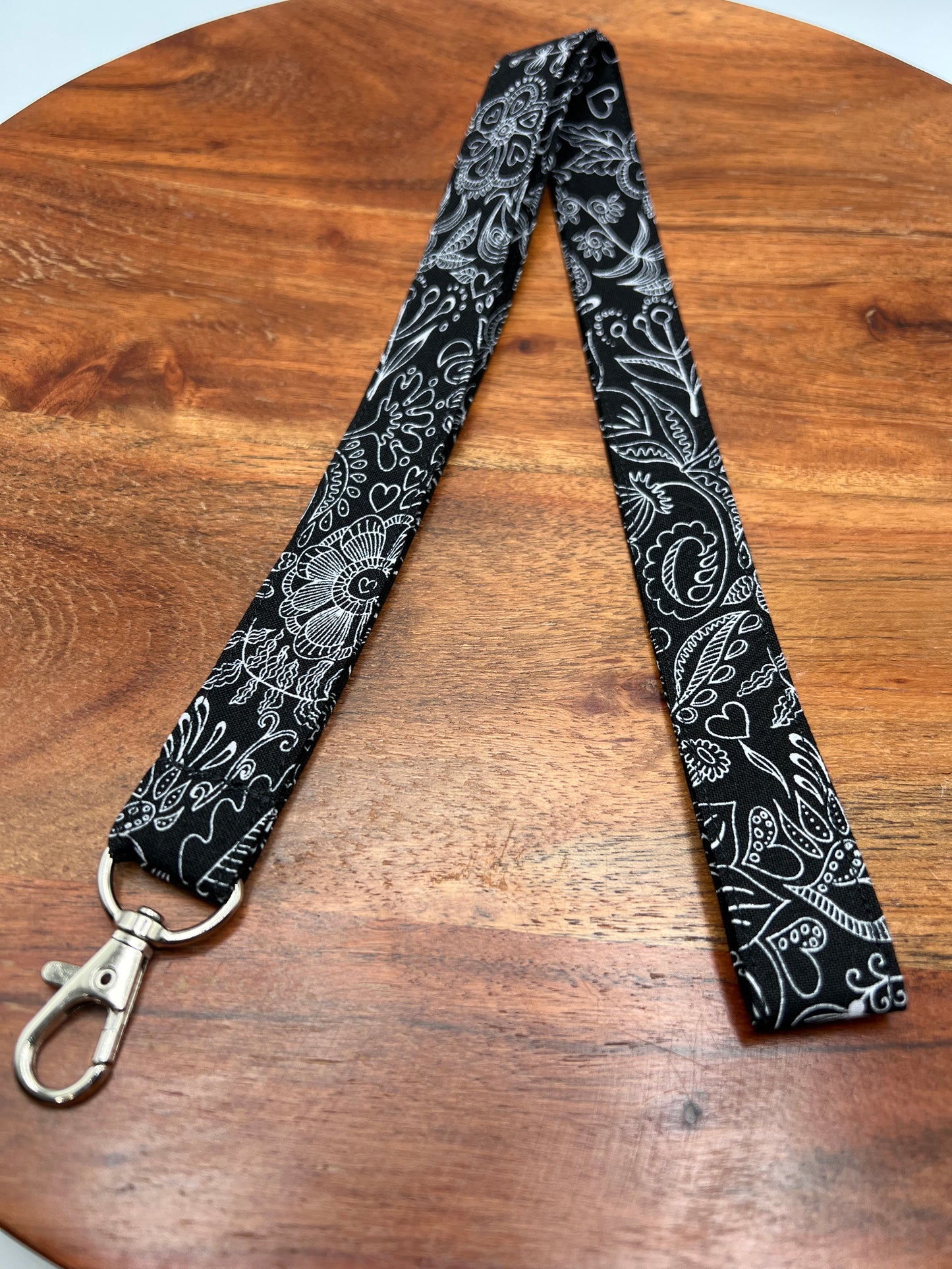 Black and White Fine Line Floral Lanyard