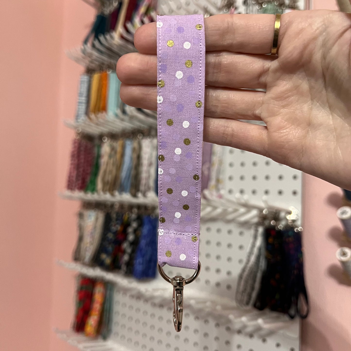 Lavender and Gold Dot Wristlet